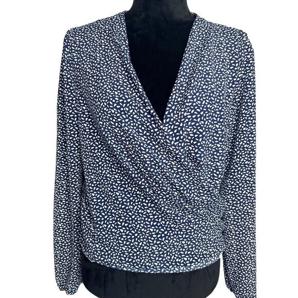 MILEY+MOLLY Surplice Tie Back long sleeve loose fit blouse top. Navy/white Large - Picture 3 of 11